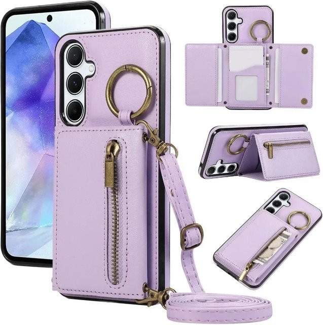 Lederne Crossbody-Kartenhalter-Brieftaschenetui Hülle für Samsung Galaxy S25 Ultra S24 S23 FE S22 S21 Plus A06 A26 A16 A36 A56 A55 A35 in Lila - Bild 1