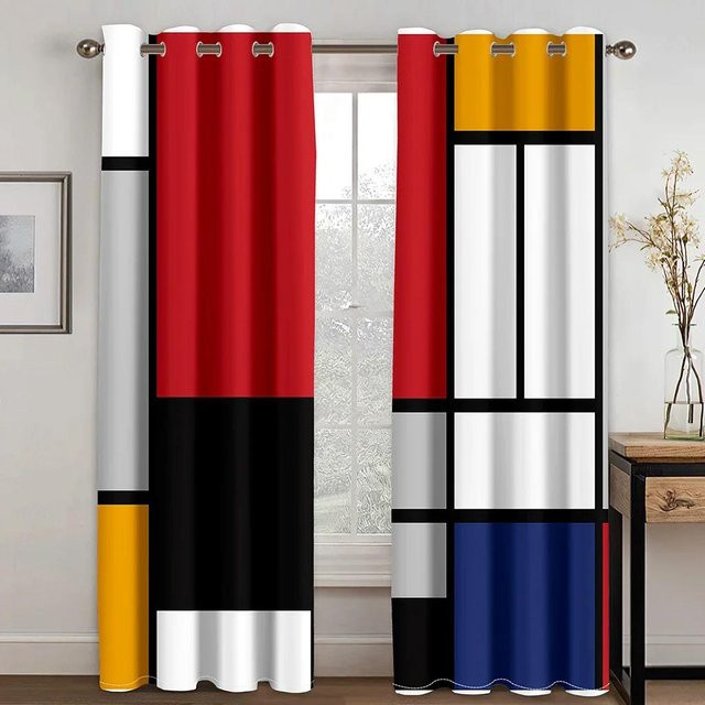 Moderne Vorhänge mit abstraktem geometrischem Design in Schwarz und Rot, 2er-Set, halbtransparent, B: 50 cm, H: 130 cm - Bild 1