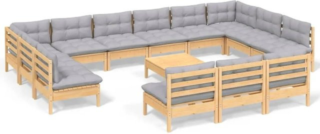 vidaXL 14-tlg. Garten-Lounge-Set aus massivem Kiefernholz mit grauen Polstern in Braun-Grau - Bild 1
