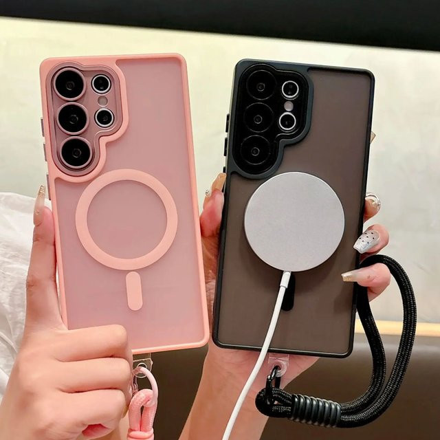 Luxus Handgelenk Gurt und MagSafe Magnetische Schutzhülle für Samsung Galaxy S25 S24 S23 S22 A56 A36 A26 A16 A06 in Weiß mit Matt-Effekt und Metall Objektiv Abdeckung - Bild 1