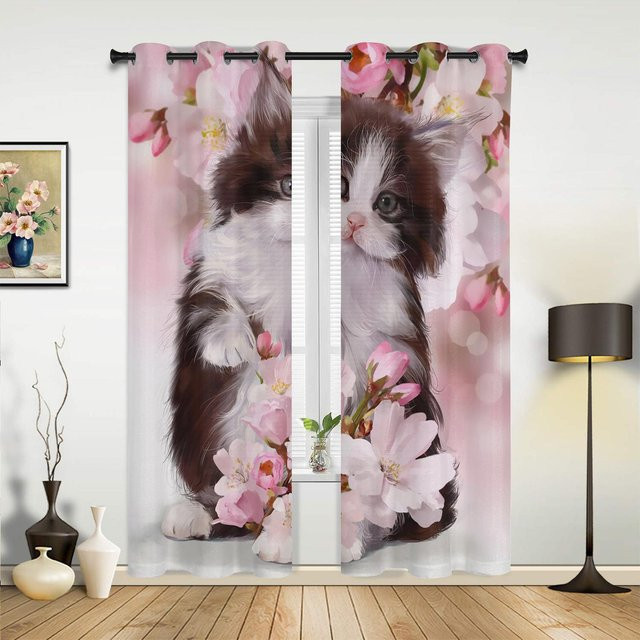 Modernes Fenstervorhang mit Cartoon-Katze und Maus Motiv in Pink von Household supplies MH, halbtransparent, Breite: 135 cm, Höhe: 60 cm - Bild 1