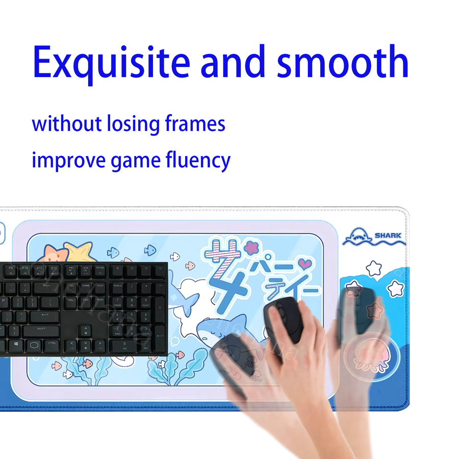 Eenehana Gaming-Mauspad XXL mit niedlichem Cartoon-Hai in Sky Blue, rutschfeste Schreibtischunterlage für Laptop und Büro - Bild 3