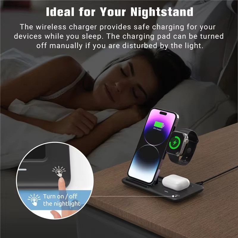 VIKEFON 3-in-1 Faltbare Kabellose Ladestation für iPhone, Apple Watch und AirPods Pro in Schwarz - Bild 4