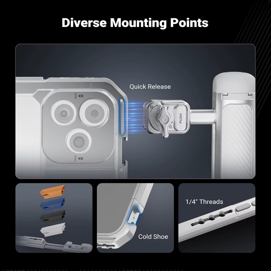 NEEWER Phone Cage Kit für iPhone 17 Pro und iPhone 17 Pro Max in Silber mit 67mm Filterring und 17mm Objektiv-Rückplatte - Bild 6