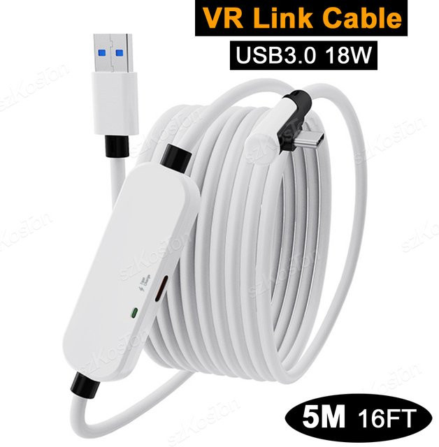 SZKOSTON USB 3.0 VR-Link-Kabel für Meta Quest 3S, Quest 3, Quest 2 und PICO 4, Datenübertragungskabel mit Ladefunktion, Weiß, Länge: 4,88 m - Bild 1