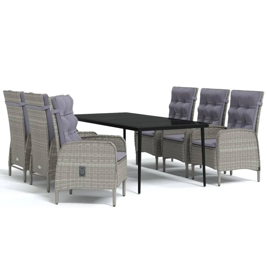 vidaXL 7-teilige Garten-Essgruppe aus PE-Rattan und pulverbeschichtetem Stahl mit Glasplatte und Kissen in Grau und Schwarz - Bild 2