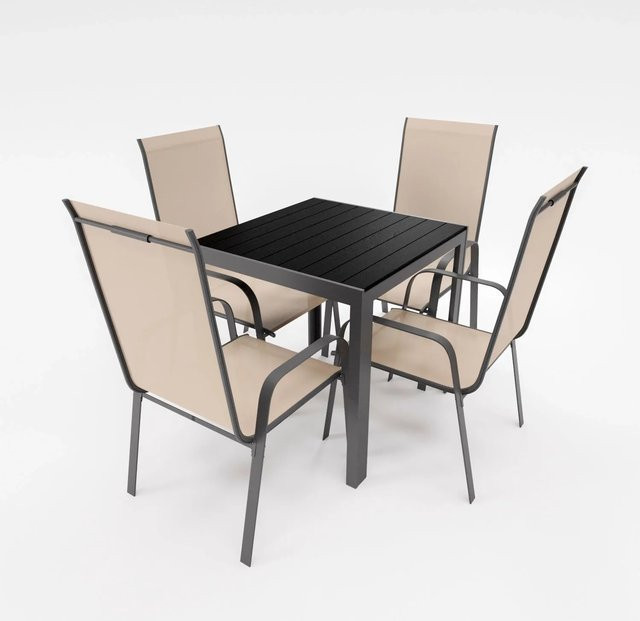 Lex Gartenmöbel Set 5-teilig aus Aluminium in Beige mit Tisch und 4 Stapelsesseln - Bild 1