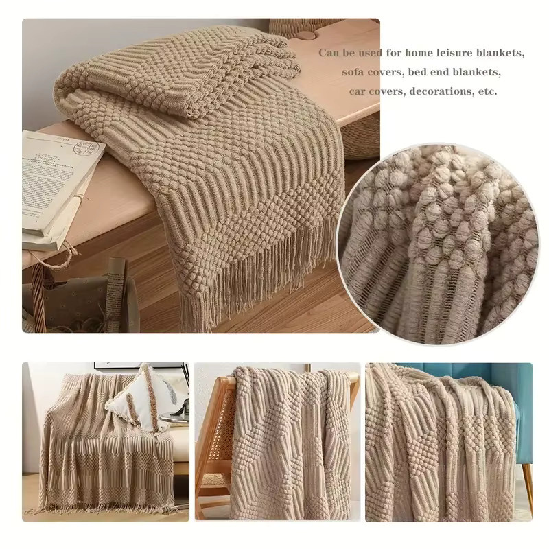 Inyahome Boho Überwurfdecke gestrickt mit Quasten in Khaki und Beige-Weiß, kariertes Design, B/T: 172 x 127 cm - Bild 3