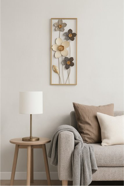 Möbel direkt online Wanddekoobjekt mit Blumenmotiv in goldfarbenem Metallrahmen - Bild 1