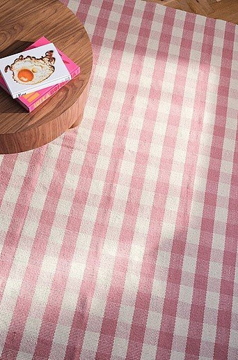 Jotex BILLE Teppich in Pink, handgeknüpfter Wollteppich mit Karomuster, rutschfest und modern, rechteckig - Bild 1