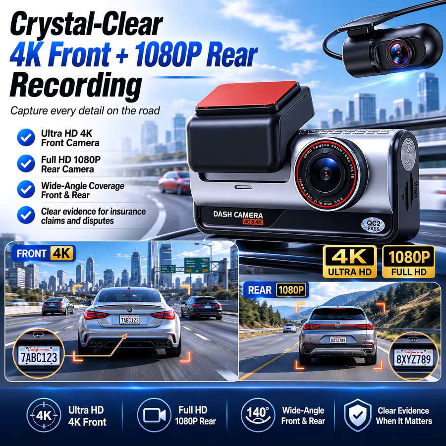Bluavido 4G LTE 4K Ultra HD Dual-Dashcam mit GPS, WLAN-Hotspot, ADAS und 24-Stunden-Parkmodus in Schwarz - Bild 3