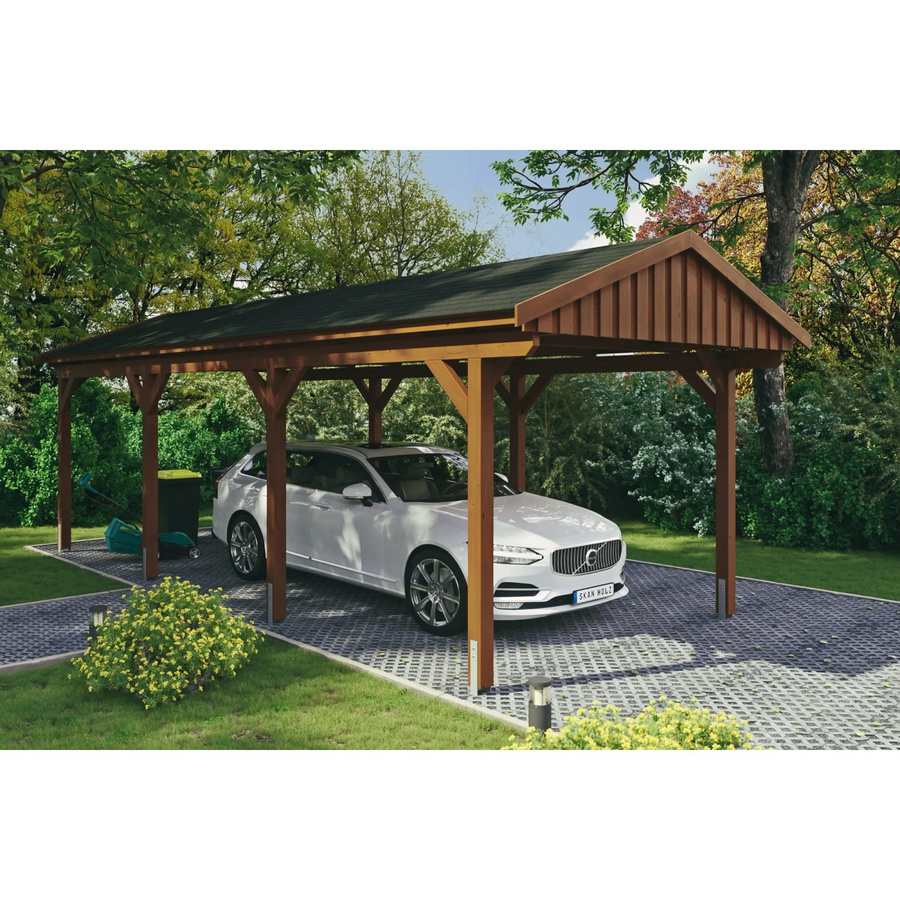 Skan Holz Carport Fichtelberg aus Fichte Leimholz mit spitzer Dachform und Dachschindeln in Braun, B/T: 317 x 808 cm, Höhe: 303 cm - Bild 2