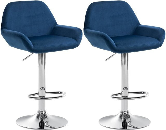 DELUKE Barhocker 2er Set DUBLIN Blau Samt mit Lehne und Chromgestell - Bild 1