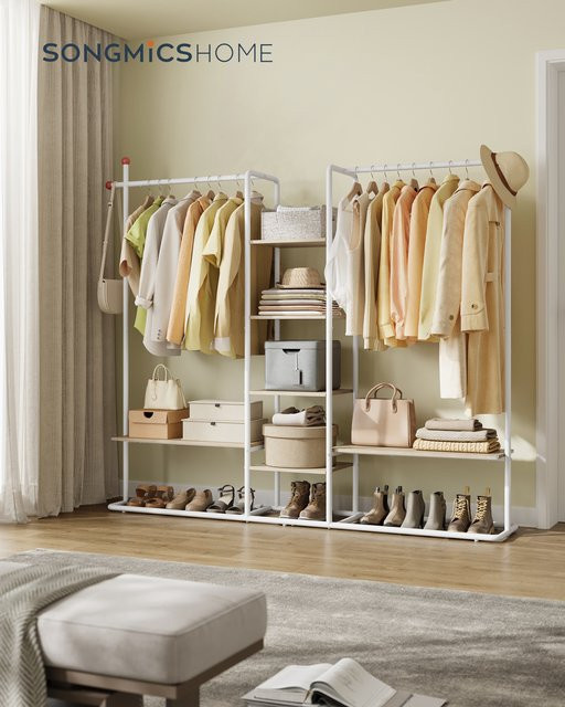 SONGMICS HOME Garderobenständer als offener Kleiderschrank mit 6 Ablagen, 2 Kleiderstangen und Haken in modernem Design aus Metall in Matt Schwarz oder Weiß - Bild 1