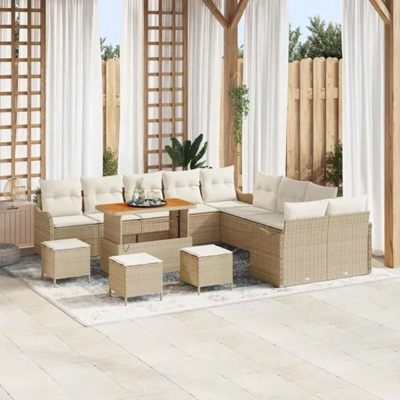 Vidaxl Garten-Sofa-Set aus Polyrattan und Akazie mit 13 Kissen in Beige, B/T/H: 110 x 55 x 71 cm - Bild 1