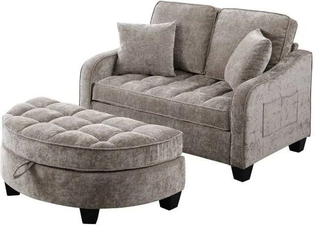 PXloue Schlafsofa Braun 2 in 1 Sofa Bett mit Hocker und Stauraum aus Stoff und Eukalyptusholz - Bild 1