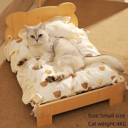 WTEMPO Katzenbett aus Holz in Weiß mit abnehmbarem Stoffbezug und erhöhtem Rand im Prinzessinnenstil
