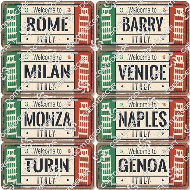 CIFBUY Retro-Metallblechschild Italy Cities Rom Milan Turin Wanddekoration, B/H: 30 x 15 cm, Mehrfarbig - Bild 1