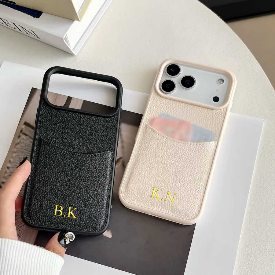 Personalisierte AccWare Handyhülle mit Kartenhalter und Lichee-Muster aus Kunstleder für iPhone 17 16 15 14 13 12 Pro Max Air in Schwarz oder Beige - Bild 2