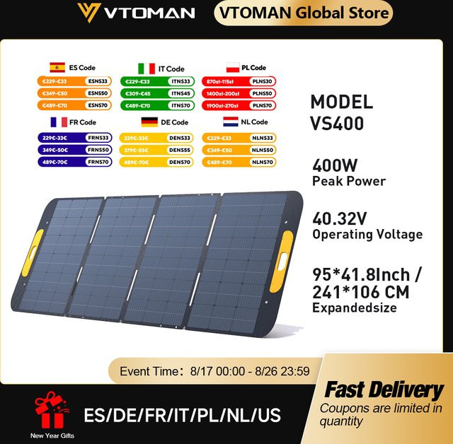VTOMAN VS400W faltbares Solarpanel in Schwarz, hocheffizientes tragbares Solarladegerät für Outdoor-Kraftwerke - Bild 1
