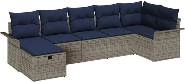 vidaXL Gartensofa-Set aus Poly-Rattan in Grau und Blau mit 7 Teilen und Kissen inklusive Stauraum - Bild 1
