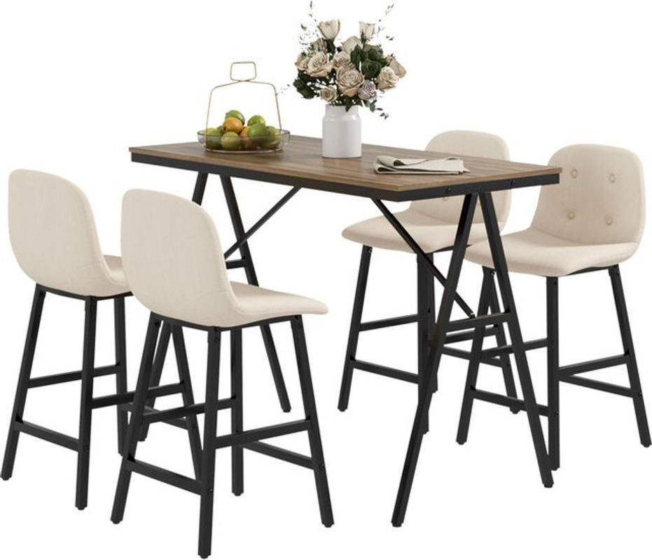 Homcom Bartisch Set mit 5-teiliger Essgruppe im Industrial Design, Bistrotisch mit 4 Stühlen und Barhocker, Beige, B/T/H: 120 x 60 x 91 cm - Bild 1