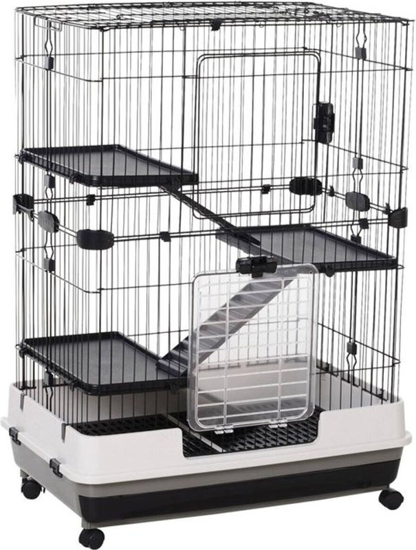PawHut Kleintierkäfig aus pulverbeschichtetem Metall mit 4 Rollen und 2 Plattformen, Schwarz, B: 81,2 cm, T: 52,7 cm, H: 110 cm - Bild 3