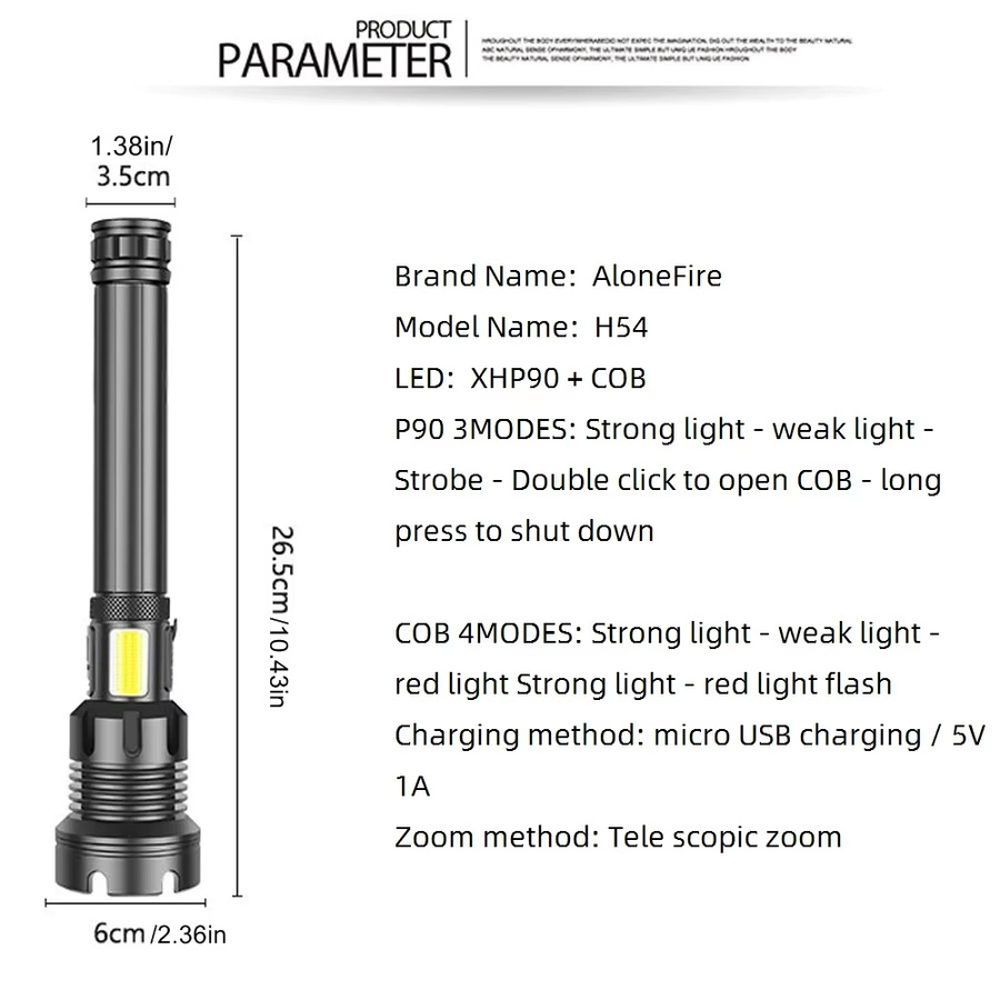 Alonefire XHP90 LED Hochleistungs-Taschenlampe mit Zoom und COB, 5000 Lumen, USB wiederaufladbar, Schwarz - Bild 5