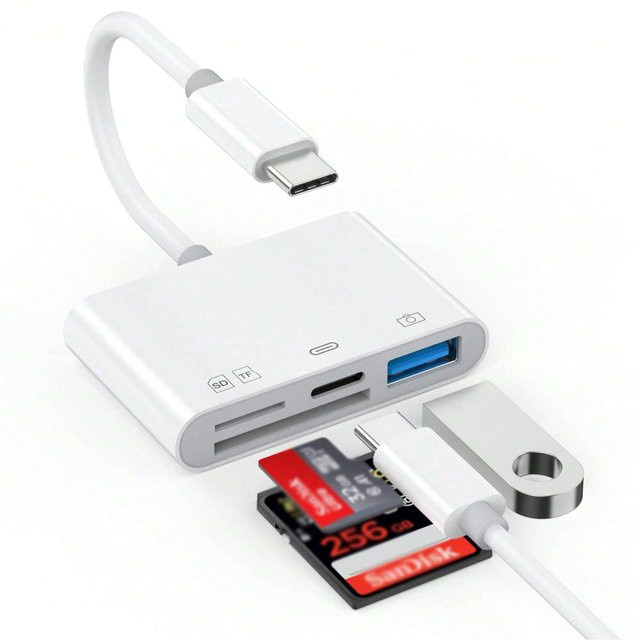 4-in-1 USB-OTG Kartenleser für SD und TF Karten mit USB-C Anschluss in Weiß - Bild 1