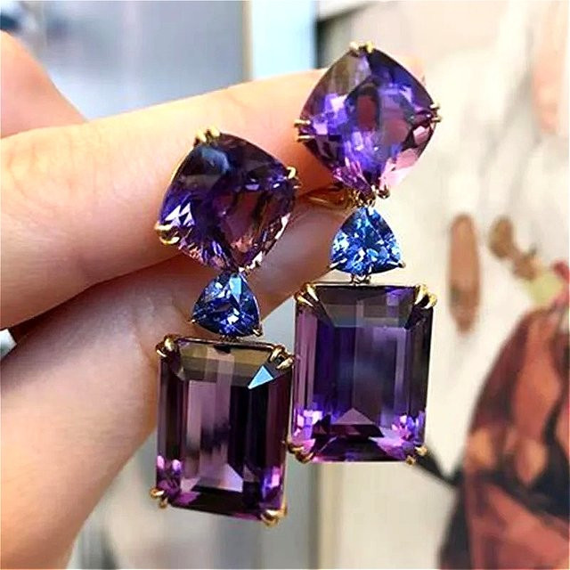 YoYo Ohrringe, Amethyst, Kristall, Messing, Gold, Damen, Vintage - Bild 1