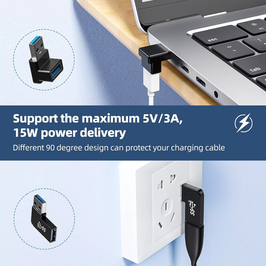 Geris Power USB-C auf USB-A 90-Grad-Adapter in Schwarz für 10-Gbit/s-Datenübertragung als rechtwinklige Verlängerung von Stecker zu Buchse - Bild 3