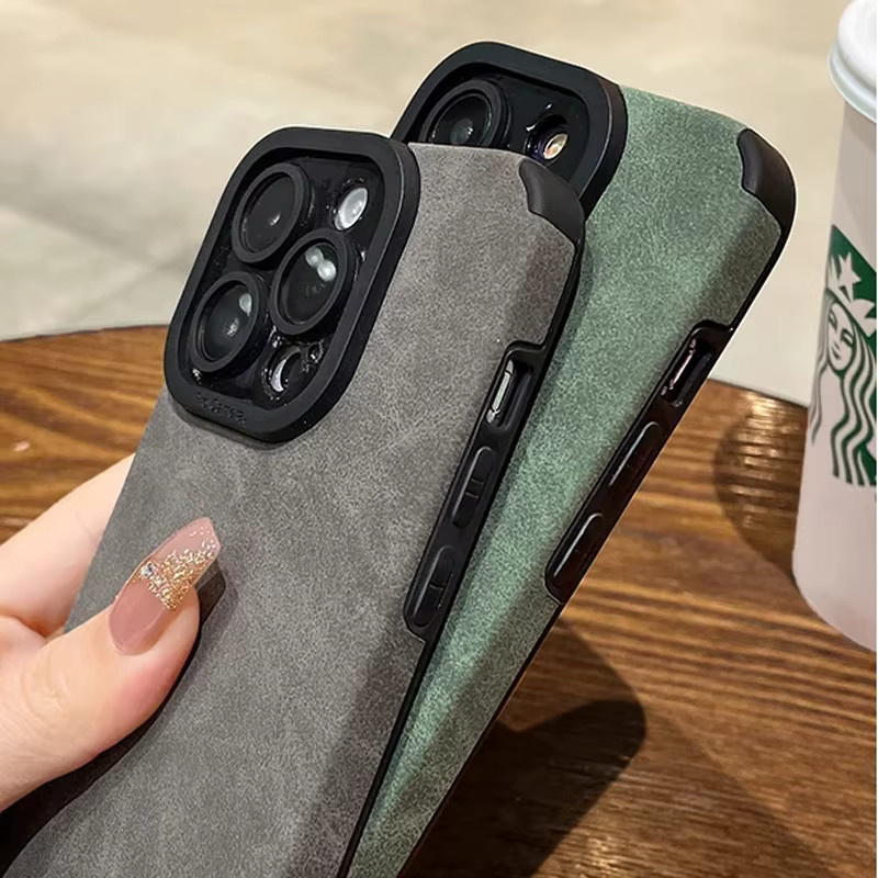 Matte Silikon Handyhülle mit Lederoptik und Objektivschutz für iPhone 11 12 13 14 15 16 Pro Max Mini XR XS SE in Rot und Grau - Bild 2