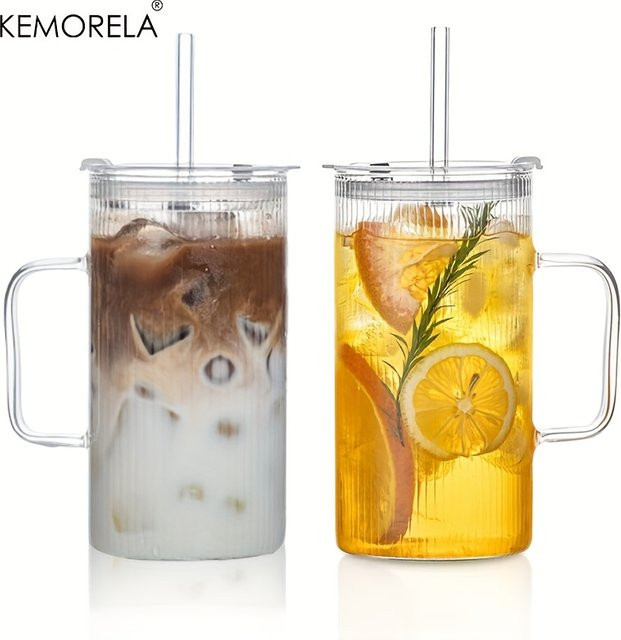 KEMORELA Set aus gerippten Glasbechern mit Griff und Deckel, transparent, 740 ml mit wiederverwendbaren Strohhalmen für Eiskaffee - Bild 1