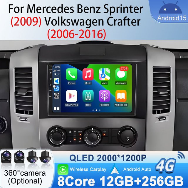 Android 15 Multimedia Autoradio mit GPS, CarPlay und Bluetooth für Mercedes Benz Sprinter 2009 und Volkswagen Crafter 2006-2016 in Schwarz - Bild 1