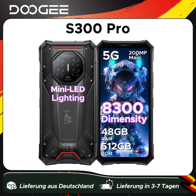 DOOGEE S300 Pro 5G Robustes Smartphone mit Dimensity 8300, 6,78 Zoll Display, 48GB RAM, 512GB ROM, 11000mAh Akku und 200MP Kamera, Android 16, Grau/Schwarz - Bild 1