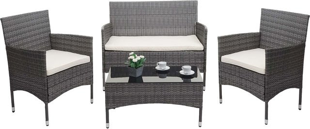 MCW Poly-Rattan Garten-Garnitur F55 in Grau mit Tisch und beigen Sitzpolstern - Bild 1