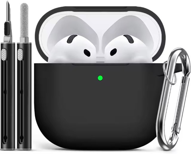 Silikon Schutzhülle für Apple AirPods 4 (2024) inklusive Reinigungsset in Schwarz und Blau - Bild 1