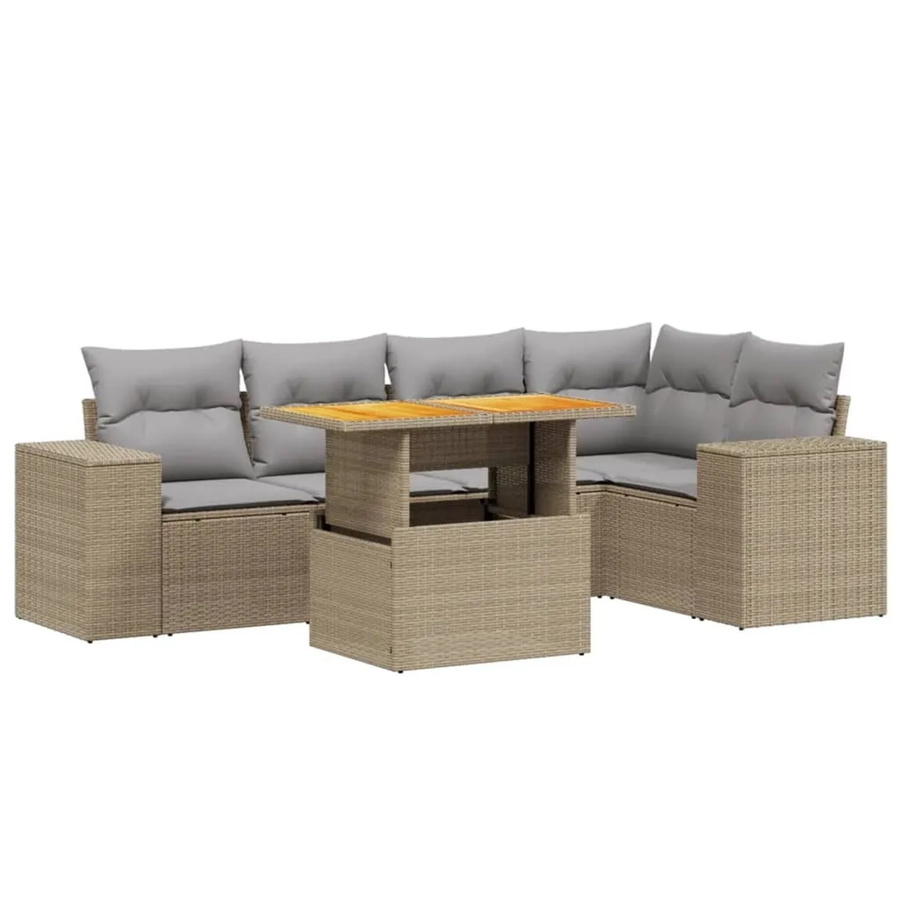 vidaXL 6-tlg Garten-Sofagarnitur in L-Form mit Kissen und Couchtisch, Beige, Poly Rattan und Akazienholz - Bild 2
