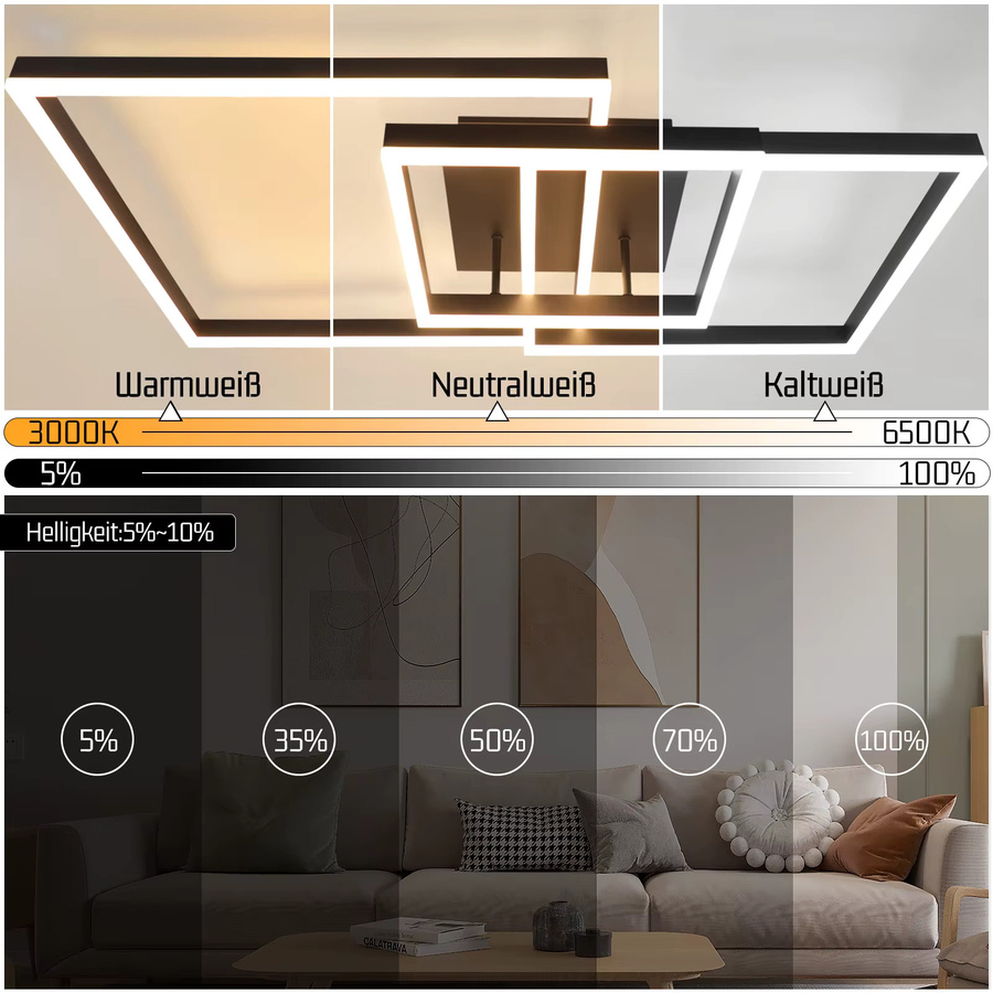 Moderne LED Deckenleuchte von Nettlife in Schwarz mit doppeltem versetztem Quadrat Design, dimmbar, 84W, Durchmesser: 82 cm - Bild 2