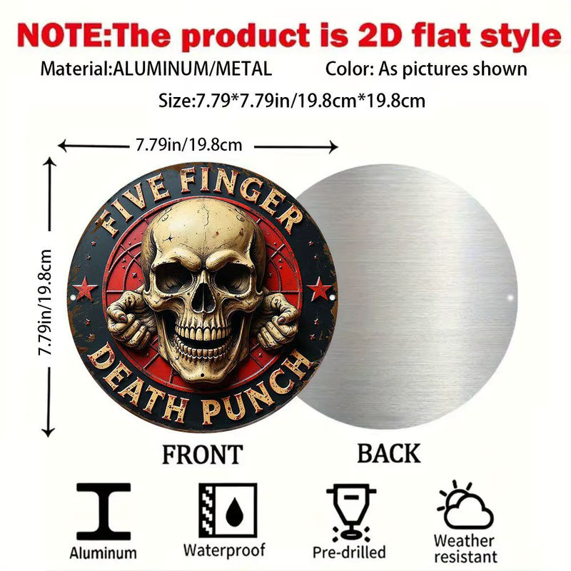 Five Finger Death Punch Rundes Metallschild im Vintage-Stil mit Totenkopf-Motiv, Mehrfarbig, Durchmesser: 20 cm - Bild 2
