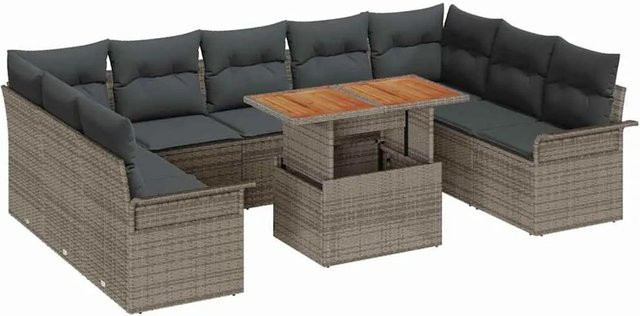vidaXL Garten-Sofa-Set aus Polyrattan in Grau, 10-teiliges Set mit Polsterung und integriertem Stauraum für Kissen - Bild 1