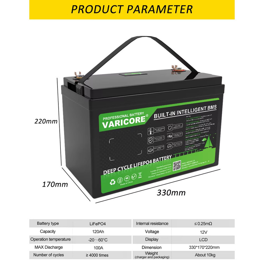 VARICORE 12V 120Ah LiFePO4 Lithium-Batterie mit integriertem BMS und LCD-Display in Schwarz - Bild 2