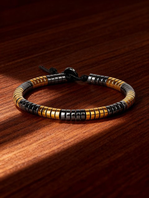 HOBBORN Armband, Hämatit, Naturstein, Lederband, goldfarbene Abstandshalter, Perle, Unisex - Bild 1