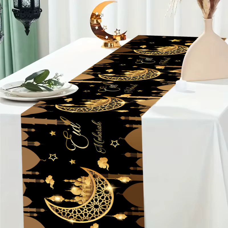 VIKAMA Tischläufer aus Leinen in Schwarz-Gold mit orientalischem Design für Ramadan und festliche Anlässe, B/H: 90 x 33 cm - Bild 5
