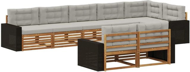 vidaXL Outdoor-Sofagarnitur in L-Form aus Akazienholz mit Kissen, Farbe Braun und Grau - Bild 1