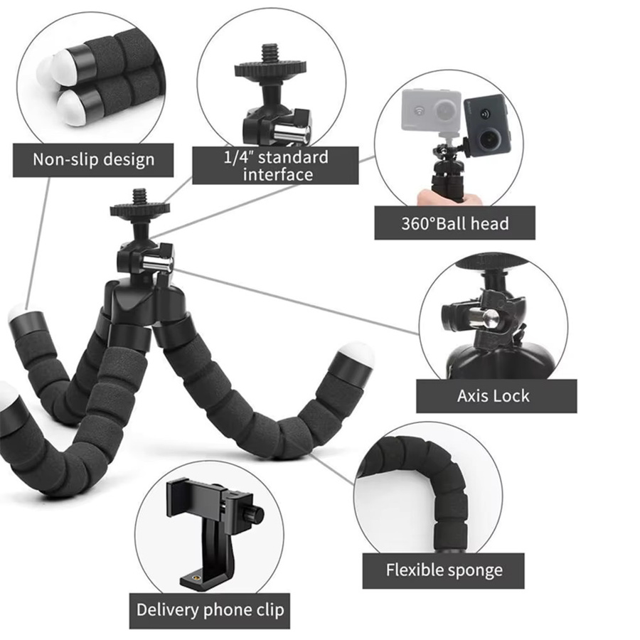 EXSKOF Mini Flexibles Oktopus-Stativ in Schwarz mit 360 Grad Drehkugelkopf und 1/4 Zoll Schraube für GoPro, Webcam und Smartphone - Bild 2