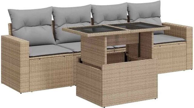 vidaXL 5-teilige Garten-Sofagarnitur aus Poly-Rattan mit Kissen in Beige-grau - Bild 1