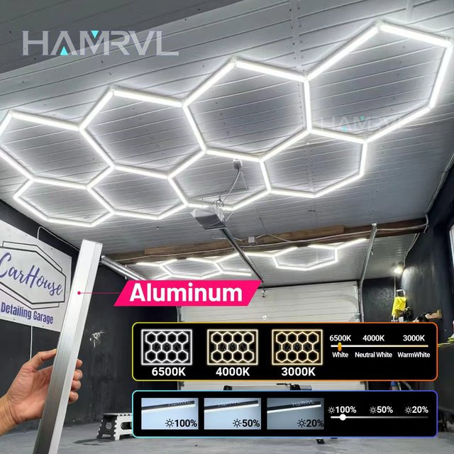 HAMRVL Sechseckige LED-Garagenbeleuchtung aus Aluminium in Weiß und Silber, dimmbar mit Farbwechsel (3000K-6000K) für Werkstatt, Friseursalon und Fitnessstudio - Bild 1