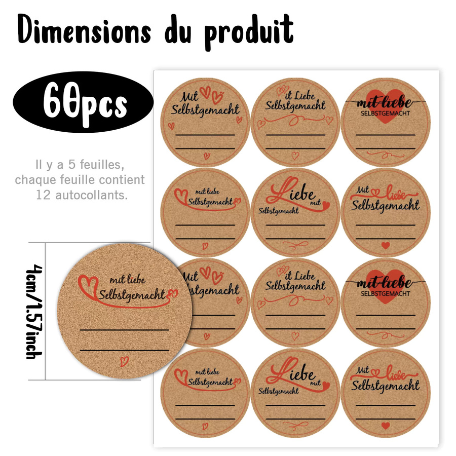60 selbstklebende Marmeladenetiketten mit 6 süßen Designs, Durchmesser: 4 cm - Bild 2