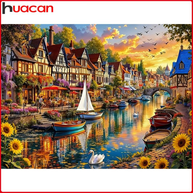 Huacan Diamantgemälde Set Landschaft mit Sonnenuntergang Fluss und Stadt, Rundbohrer Mosaik in Mehrfarbig, B: 30,0 cm, H: 20,0 cm - Bild 1